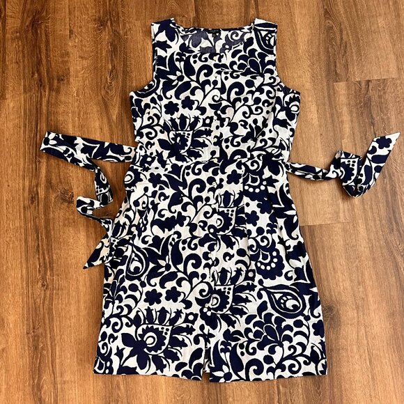 Talbots Poplin Fit & Flare Blue and White Tie Waist Dress - Jacobean 14P - Picture 3 of 16